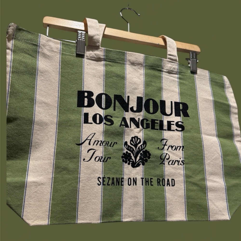 Sézane Bonjour Los Angeles Green Striped Tote Bag - New - Picture 6 of 12